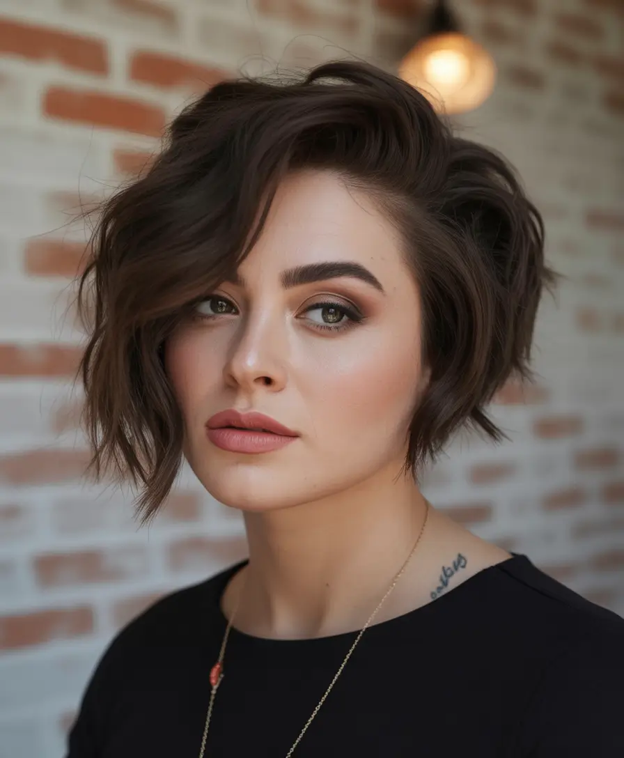 Trendy Fall 2025 Haircuts for Chubby Face Shapes Deep Brunette Waves with Sharp Part