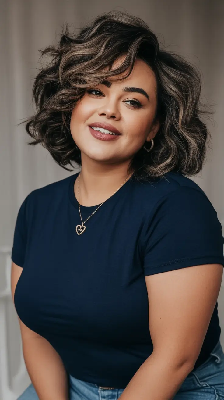 Trendy Fall 2025 Haircuts for Chubby Face Shapes Structured Curls with Luxe Highlights