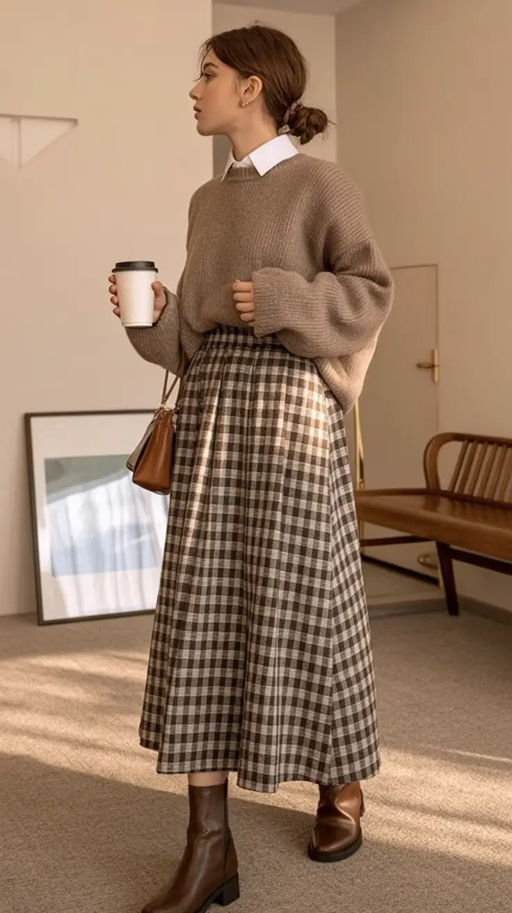 trendy fall outfits ideas 2025 Soft Gingham with a Cozy Spin