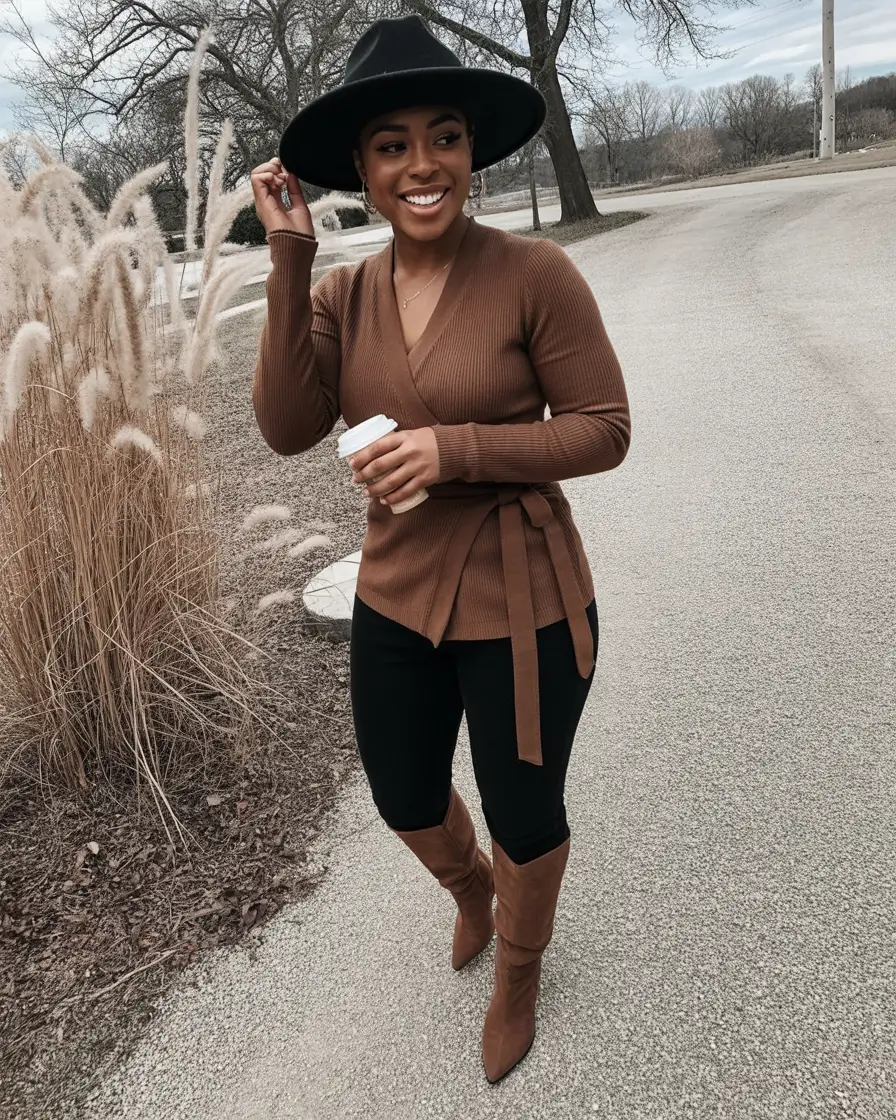 Trendy fall outfits Ideas for black women in 2025 Ribbed Wrap and Cowgirl Energy