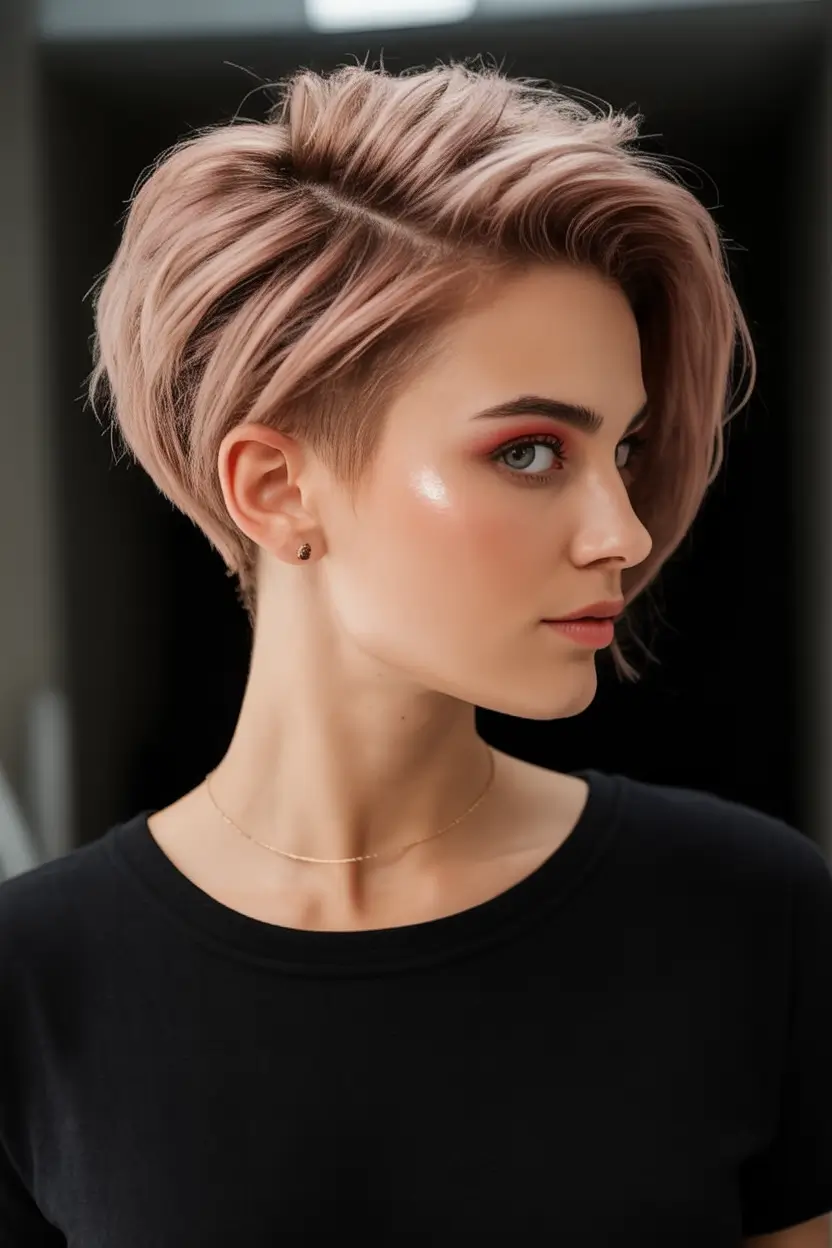 Trendy Pixie Haircuts to Try This Fall 2025 Dusty Rose Long Pixie with Side Detail