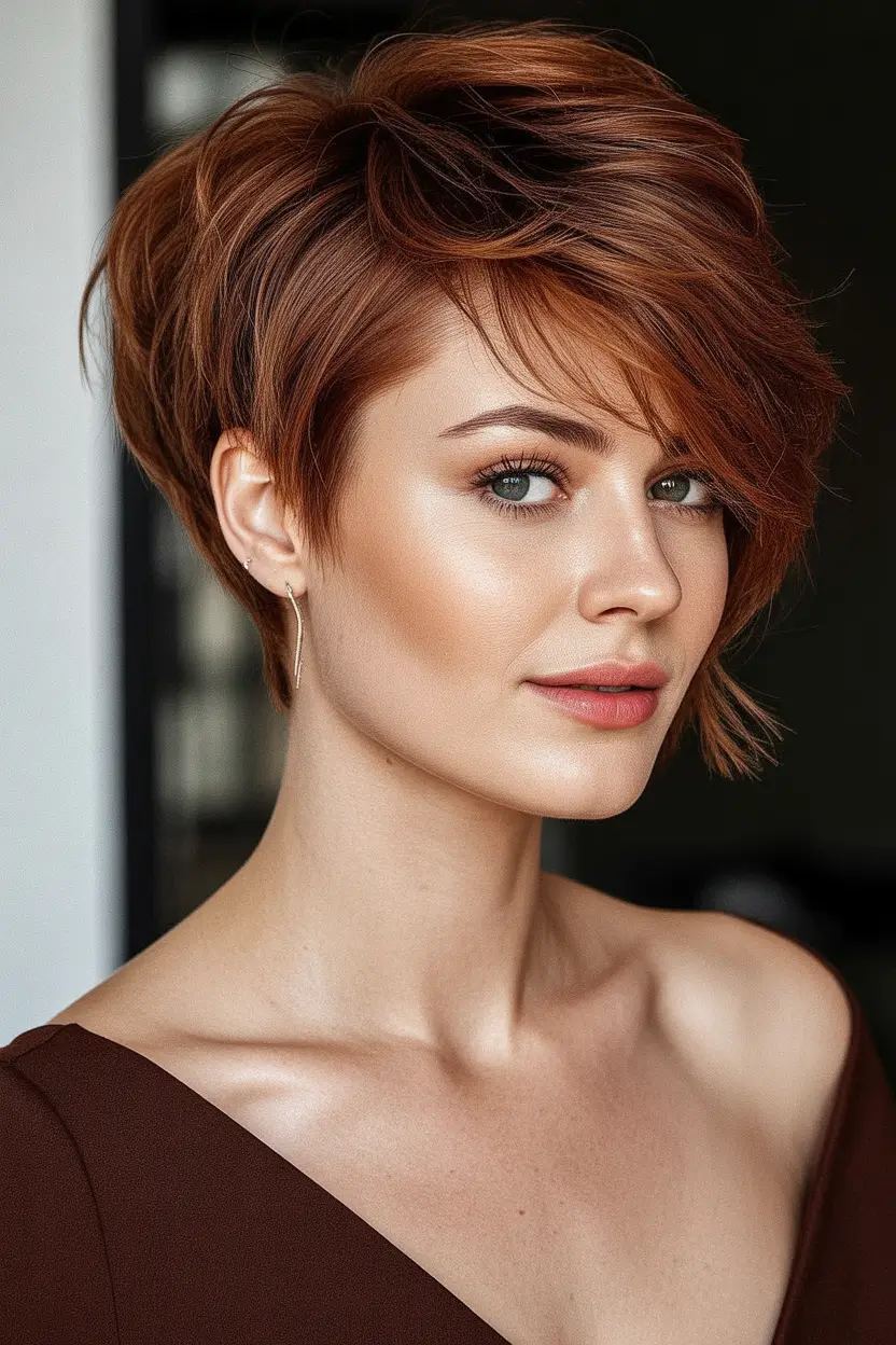 Trendy Pixie Haircuts to Try This Fall 2025 Autumn Spice Pixie with Tousled Side Bang