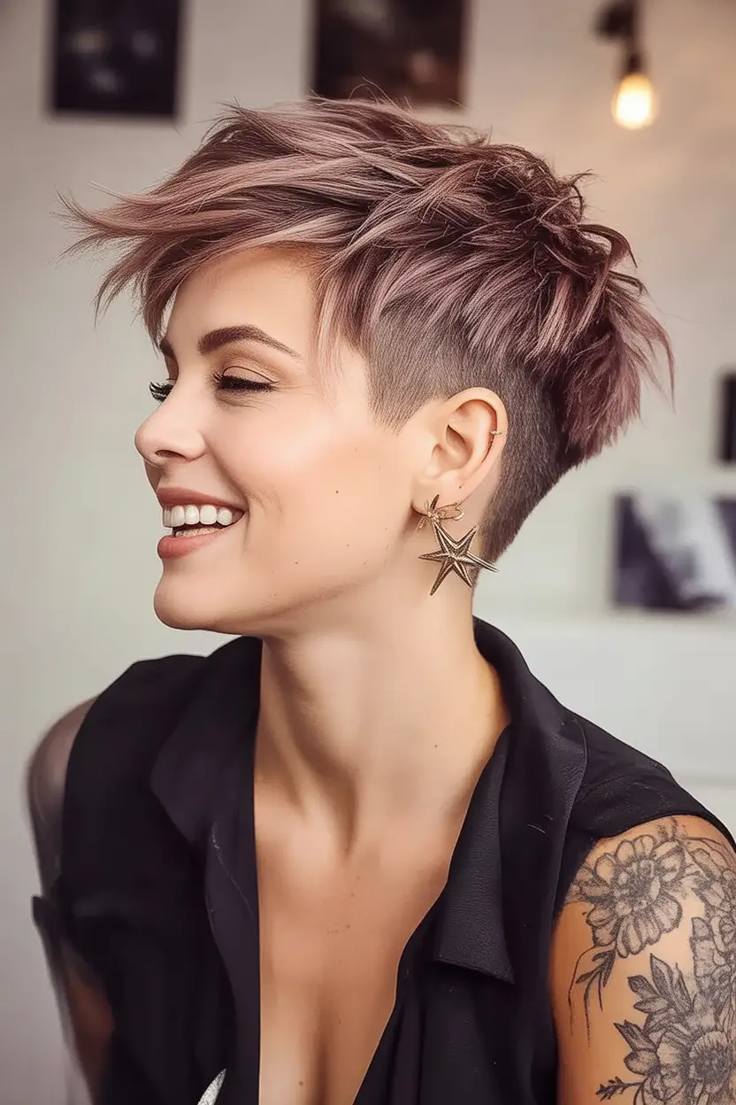Trendy Pixie Haircuts to Try This Fall 2025 Spiked Lavender Pixie with Shaved Side