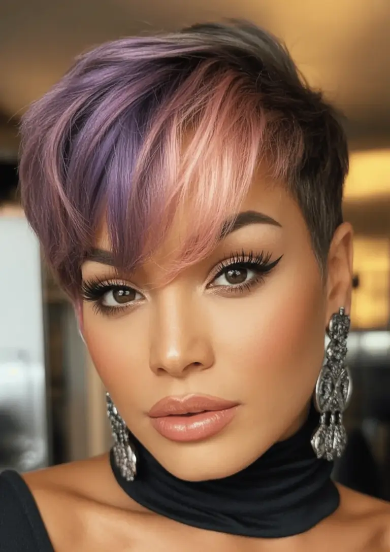 Trendy Pixie Haircuts to Try This Fall 2025 Pink-Lavender Pixie with Glam Bangs
