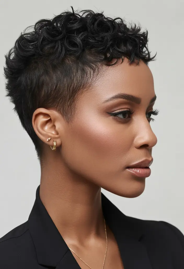 Trendy Pixie Haircuts to Try This Fall 2025 Curly Black Pixie with Shaved Sides