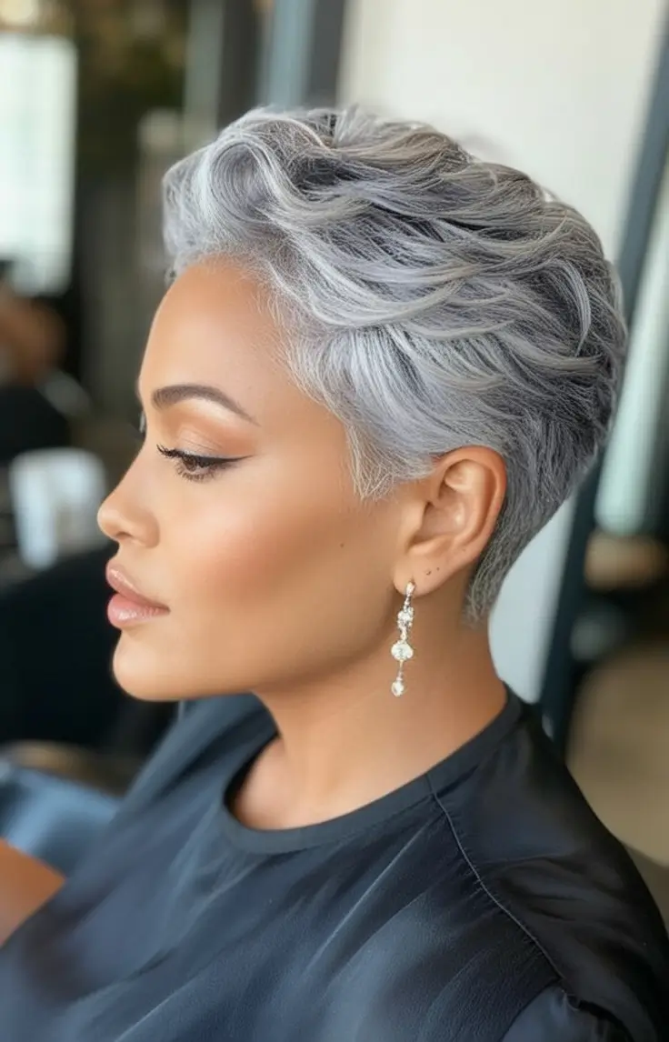 Trendy Pixie Haircuts to Try This Fall 2025 Silver Soft Pixie with Sculpted Waves