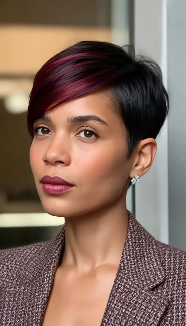 Trendy Pixie Haircuts to Try This Fall 2025 Eggplant Accent Pixie with Sleek Finish