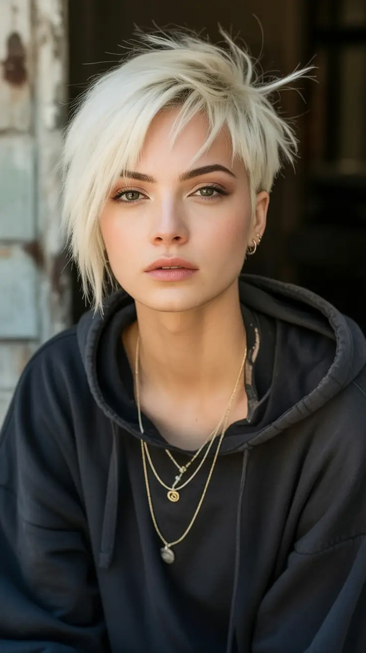 Trendy Pixie Haircuts to Try This Fall 2025 Wispy Platinum Layers with Rockstar Mood