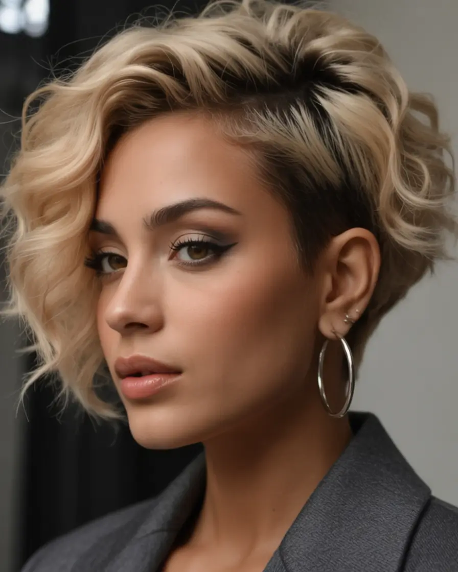 Trendy Pixie Haircuts to Try This Fall 2025 Side-Swept Curls with Shaved Accent