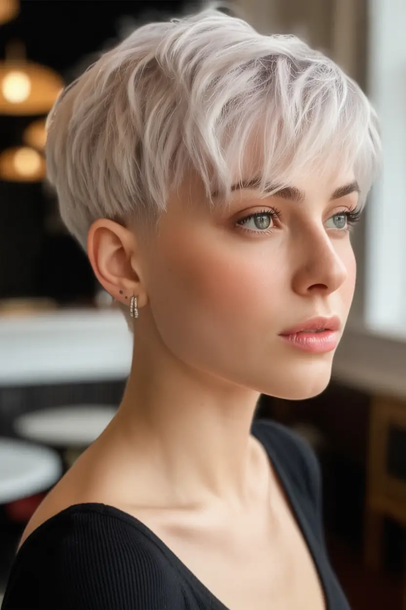 Trendy Pixie Haircuts to Try This Fall 2025 Silvery Frosted Layers with Soft Fringe