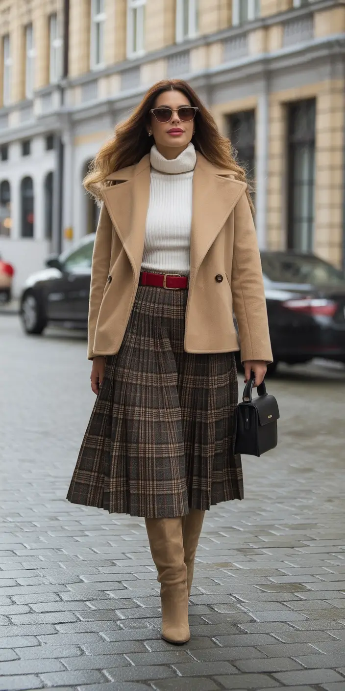 Warm Fall outfits Inspiration 2025 Pleated Vintage with a Pop of Red