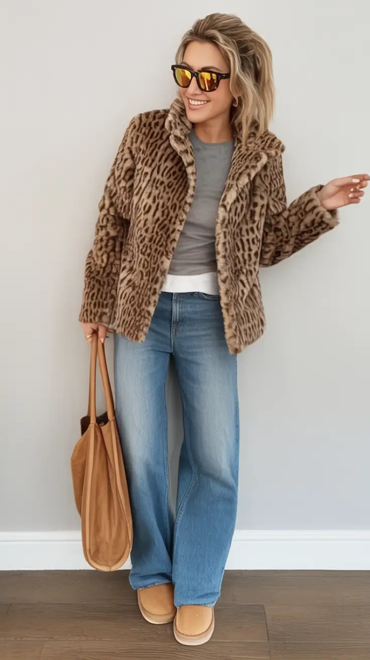 Warm Fall outfits Inspiration 2025 Retro Cool with Leopard and Light Wash Denim
