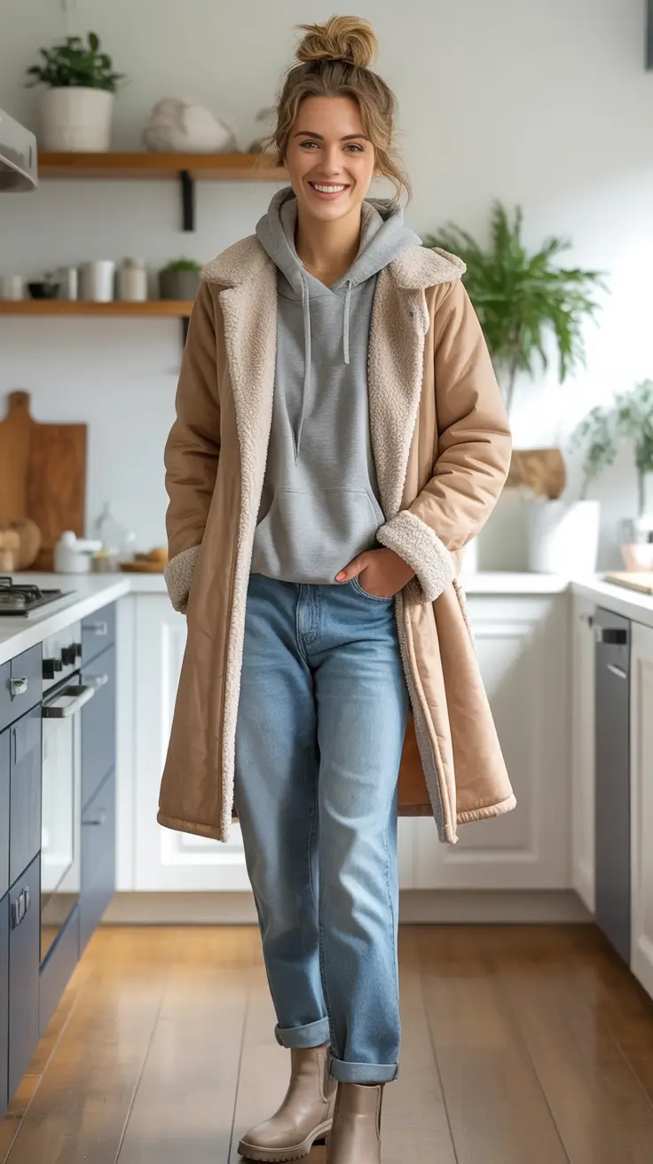 Warm Fall outfits Inspiration 2025 Shearling Simplicity with a Soft-Tone Hoodie