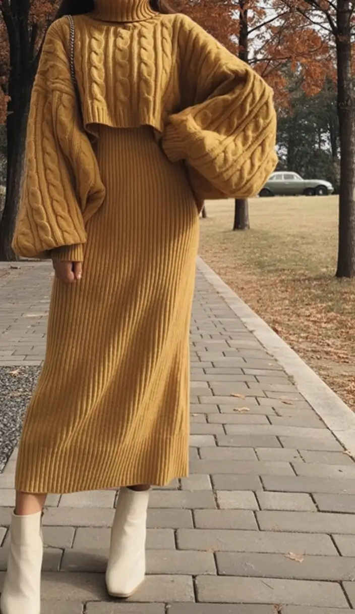 Warm Fall outfits Inspiration 2025 Golden Cable Knit Layers with a Twist