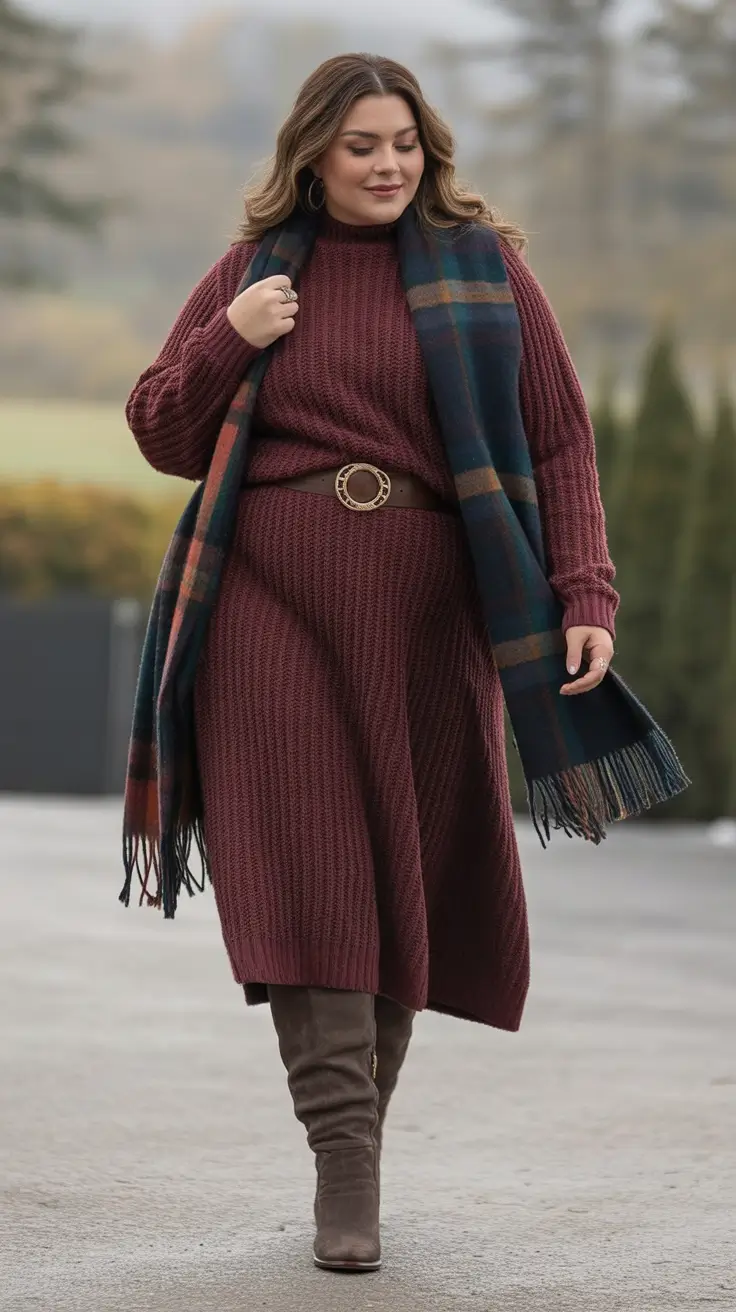 Warm Fall outfits Inspiration 2025 Plum Knit Perfection for Plus Size Fall Glam