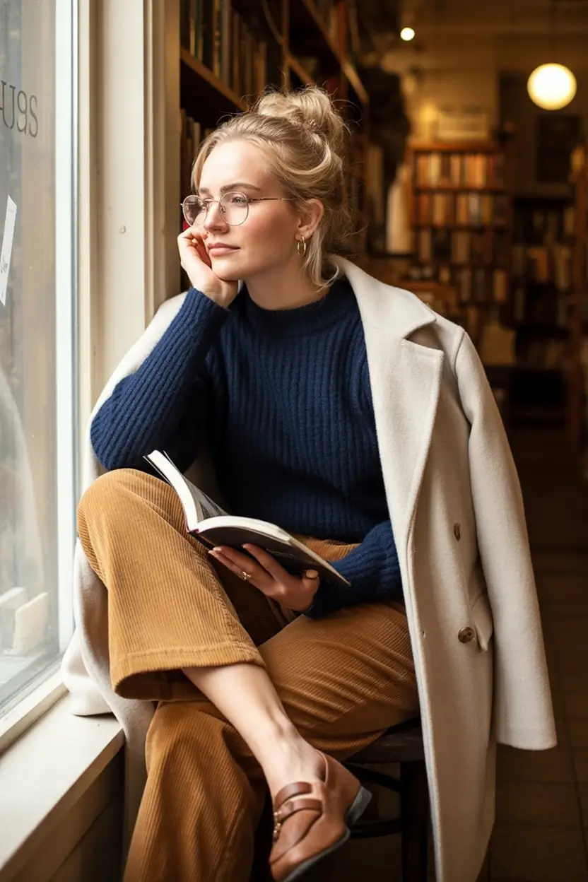 Warm Fall outfits Inspiration 2025 Bookish Comfort in Corduroy and Navy