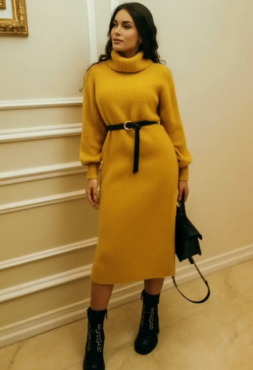 Warm Fall outfits Inspiration 2025 Golden Knit Grace with Belted Definition