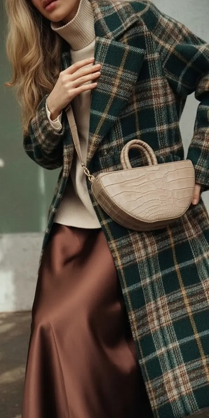 Warm Fall outfits Inspiration 2025 Retro Checks with a Silky Modern Twist